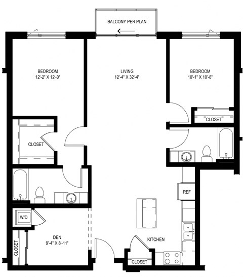 Floor plan for 2 beds, 2 baths, 1154 sqft